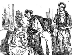 Un homme aborde une dame tandis qu'un second homme les observe avec son lorgnon