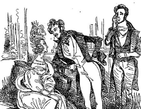 Un homme aborde une dame tandis qu'un second homme les observe avec son lorgnon